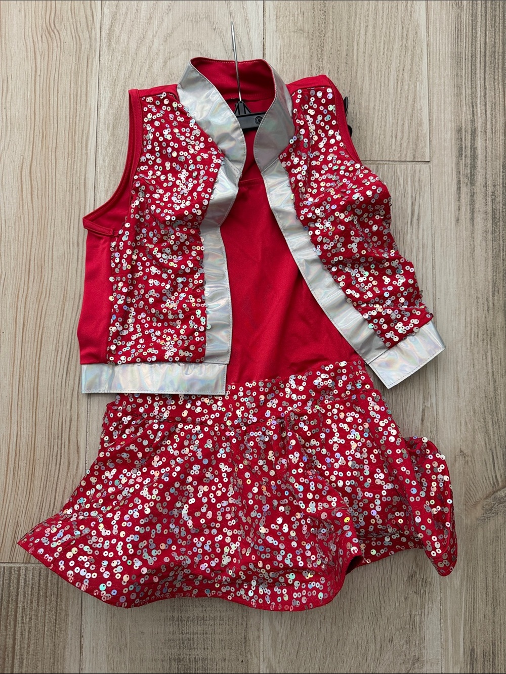 Weissman Red Sequin Dance Vest & Skirt Set with Silver Trim